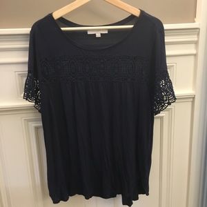 Navy Blue LOFT Top with Lace/Crochet Detail Sz XL